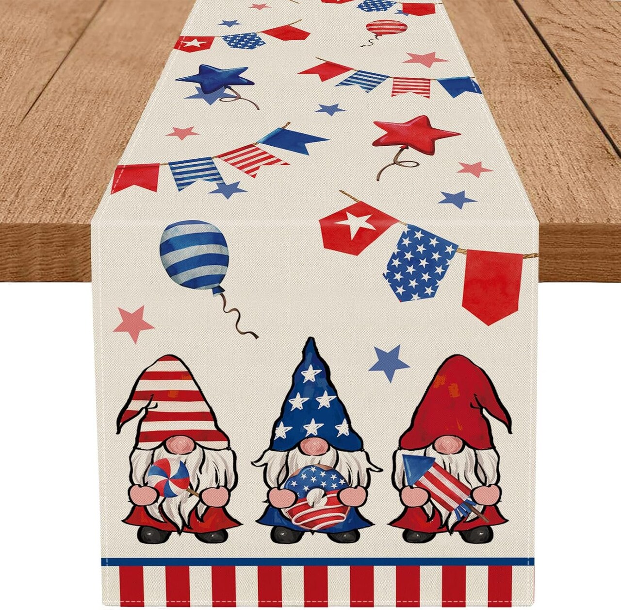 4th of July Table Runner Gnome Balloon Stars Table Decoration for Home Memorial Day Independence Day Patriotic Indoor Kitchen Dining Decor 13x72 Inch